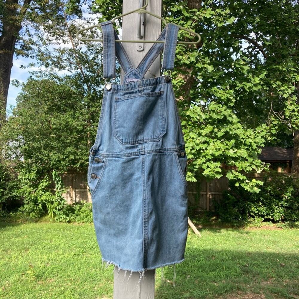 Bershka -Y2K Grunge Denim Overall Dress Raw Edge Light Wash Adjustable Straps -S